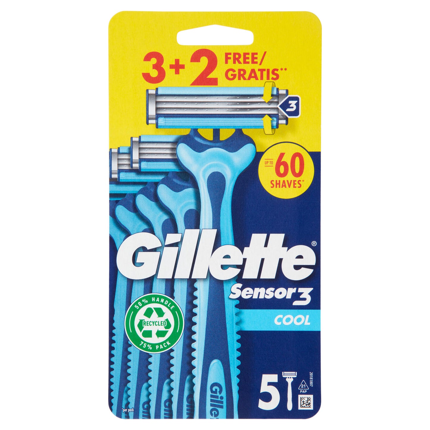 Gillette Sensor 3 Cool Rasoio da Uomo Usa e Getta, 3 Rasoi + 2 Gratis (25530565)