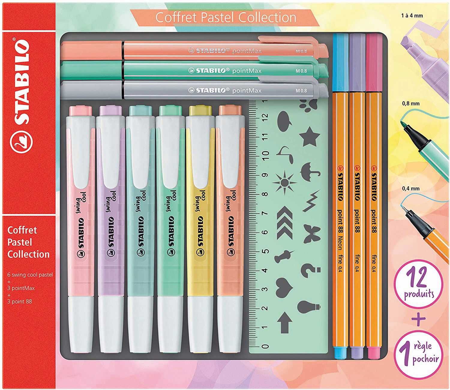 STABILO Pastel Collection Set – Confezione mista 13 pezzi: 6 swing cool pastel, 3 point 88, 3 pointMax, 1 righello stencil (25608153)