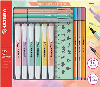 STABILO Pastel Collection Set – Confezione mista 13 pezzi: 6 swing cool pastel, 3 point 88, 3 pointMax, 1 righello stencil (25608153)