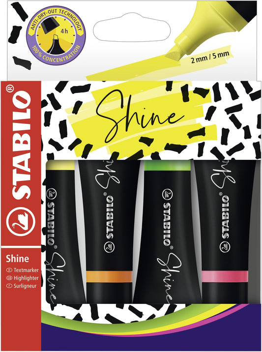 Evidenziatore – STABILO Shine - Astuccio da 4 - Giallo/Arancione/Verde/Rosa (25527309)