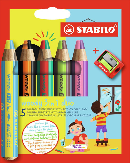 Matita colorata Multi-Funzione - STABILO woody 3 in 1 duo - Mina a 2 Colori - Astuccio da 5 - con Temperino - 5 Matitoni e 10 colori (25544769)