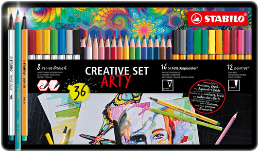 Creative Set STABILO ARTY - STABILO point 88, Pen 68 brush & aquacolor - Scatola in metallo da 36 - 12 fineliner point 88, 8 pennarelli con punta a pennello Pen 68 brush, 16 matite colorate aquacolor (25524065)