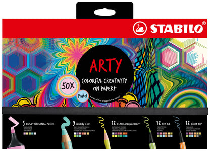 Set Creativo - STABILO ARTY Creative Set Pastel - Cofanetto da 50 - con 5 evidenziatori, 9 matitoni colorati Multi-Funzione, 12 matite colorate acquarellabili, 12 pennarelli premium, 12 fineliner (25593851)