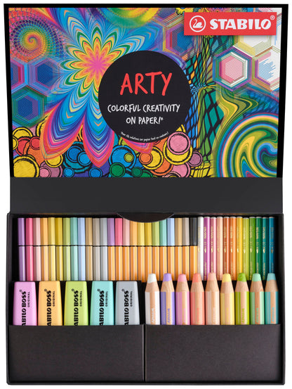 Set Creativo - STABILO ARTY Creative Set Pastel - Cofanetto da 50 - con 5 evidenziatori, 9 matitoni colorati Multi-Funzione, 12 matite colorate acquarellabili, 12 pennarelli premium, 12 fineliner (25593852)