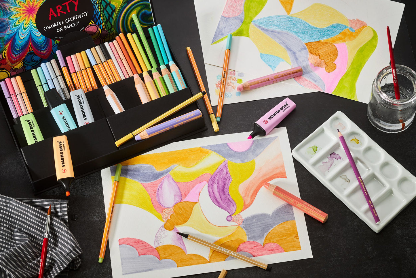 Set Creativo - STABILO ARTY Creative Set Pastel - Cofanetto da 50 - con 5 evidenziatori, 9 matitoni colorati Multi-Funzione, 12 matite colorate acquarellabili, 12 pennarelli premium, 12 fineliner (25593856)