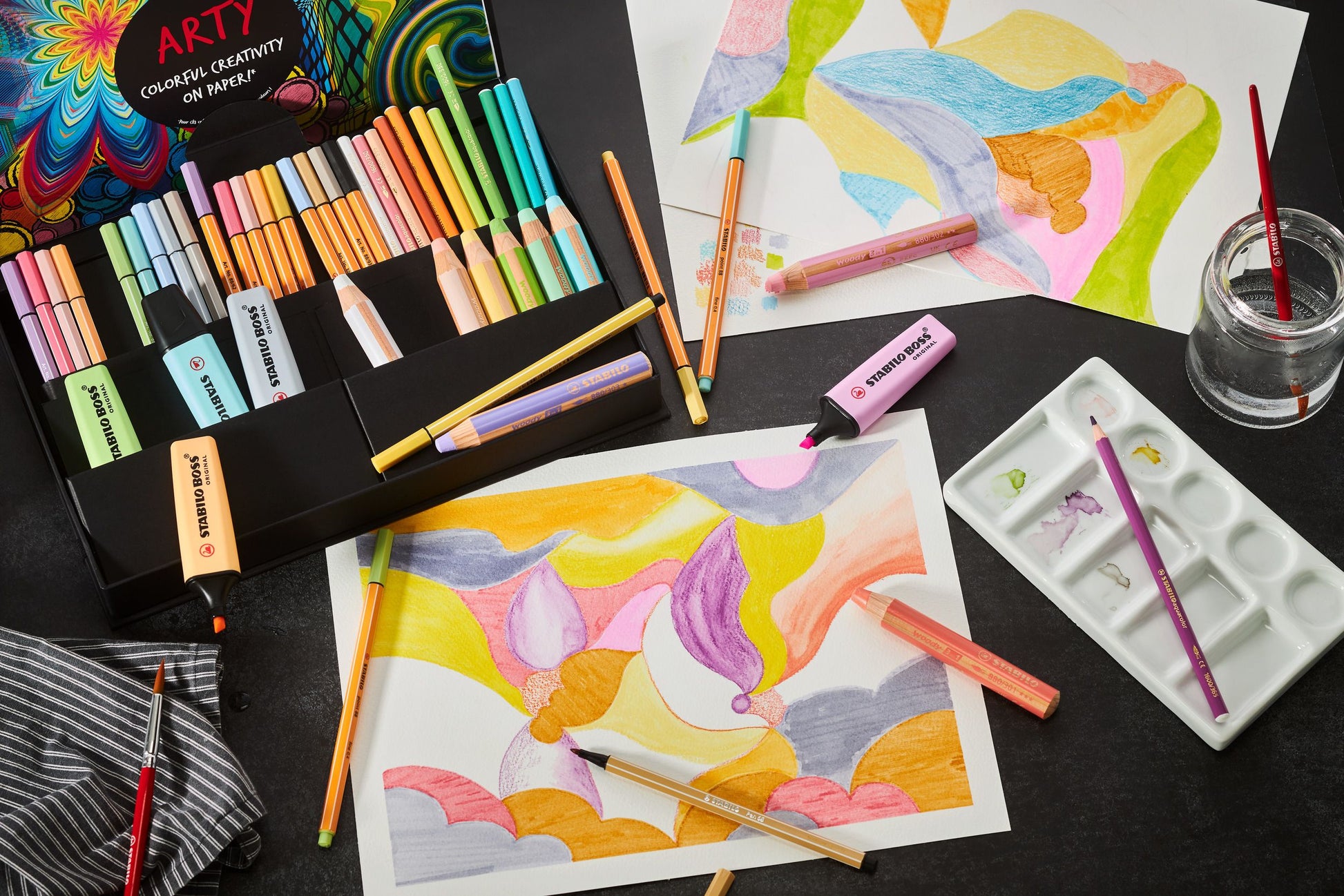 Set Creativo - STABILO ARTY Creative Set Pastel - Cofanetto da 50 - con 5 evidenziatori, 9 matitoni colorati Multi-Funzione, 12 matite colorate acquarellabili, 12 pennarelli premium, 12 fineliner (25593856)