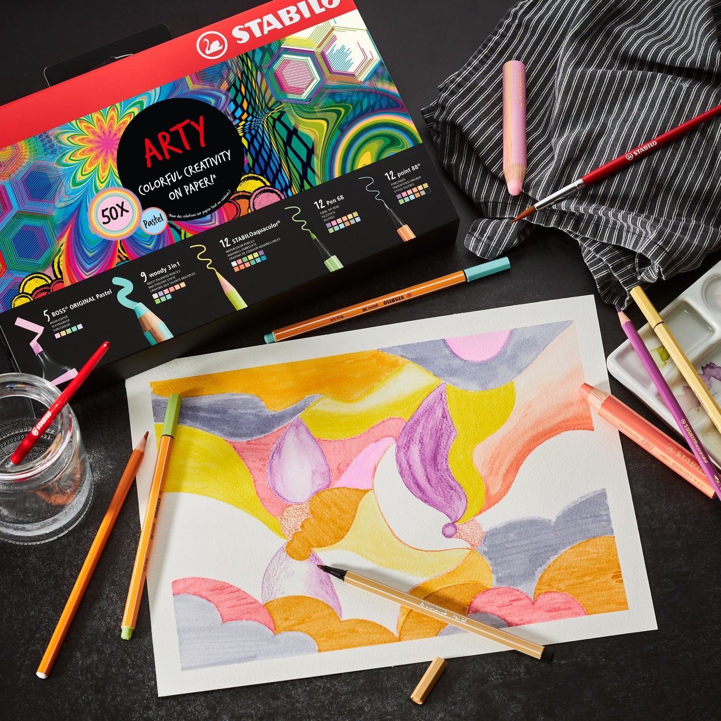 Set Creativo - STABILO ARTY Creative Set Pastel - Cofanetto da 50 - con 5 evidenziatori, 9 matitoni colorati Multi-Funzione, 12 matite colorate acquarellabili, 12 pennarelli premium, 12 fineliner (25593858)
