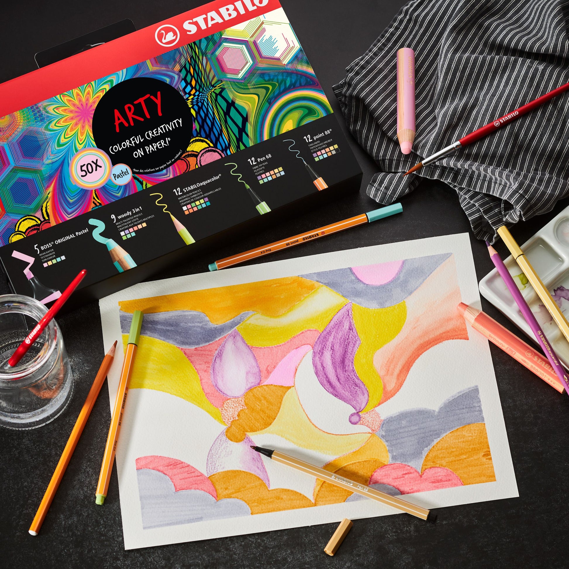 Set Creativo - STABILO ARTY Creative Set Pastel - Cofanetto da 50 - con 5 evidenziatori, 9 matitoni colorati Multi-Funzione, 12 matite colorate acquarellabili, 12 pennarelli premium, 12 fineliner (25593858)