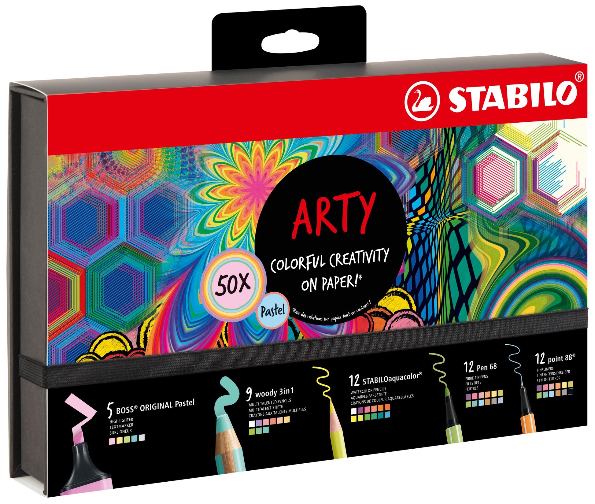 Set Creativo - STABILO ARTY Creative Set Pastel - Cofanetto da 50 - con 5 evidenziatori, 9 matitoni colorati Multi-Funzione, 12 matite colorate acquarellabili, 12 pennarelli premium, 12 fineliner (25593860)