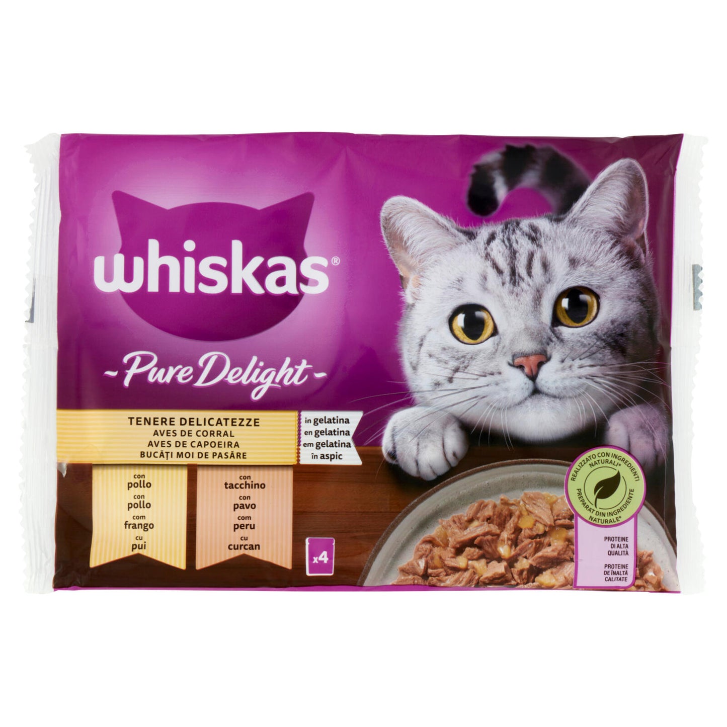 Whiskas Pure Delight Cibo Umido Gatto Tenere Delicatezze in Gelatina con Pollo e Tacchino 4 x 85 g (25613697)