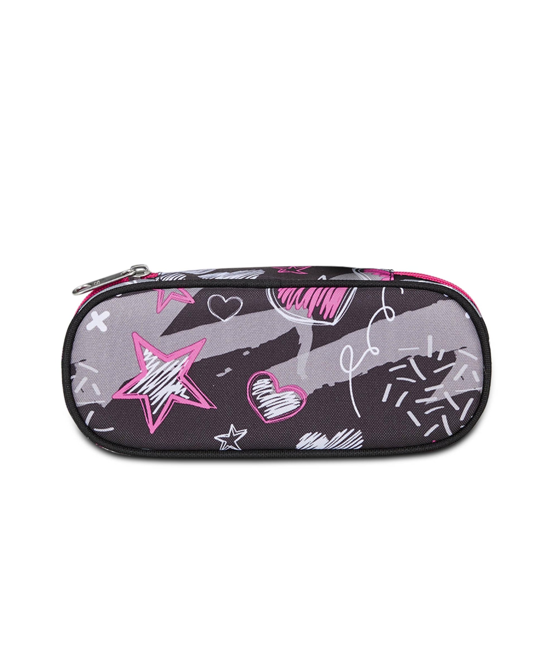 Seven Portapenne Scuola Round Plus, Nero Fucsia, Draft Heart, Bustina Ovale Con Tasca Interna ed Elastici Porta Penne, Accessori Zaino, Elementari, Medie, Superiori, Bambina Ragazza (25580593)
