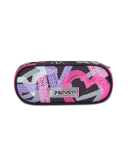 Seven Portapenne Scuola Round Plus, Nero Fucsia, Draft Heart, Bustina Ovale Con Tasca Interna ed Elastici Porta Penne, Accessori Zaino, Elementari, Medie, Superiori, Bambina Ragazza (25580592)
