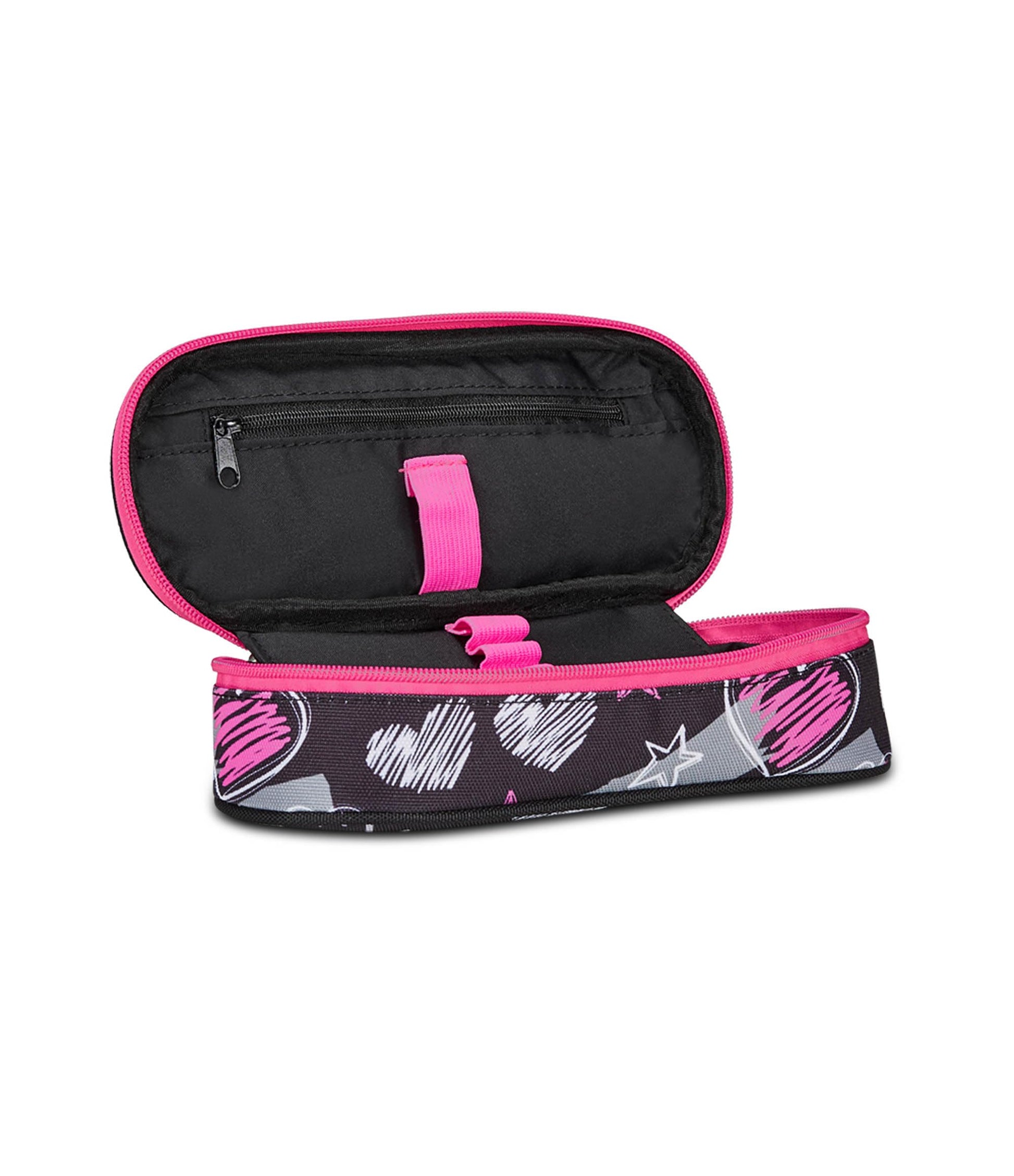 Seven Portapenne Scuola Round Plus, Nero Fucsia, Draft Heart, Bustina Ovale Con Tasca Interna ed Elastici Porta Penne, Accessori Zaino, Elementari, Medie, Superiori, Bambina Ragazza (25580591)