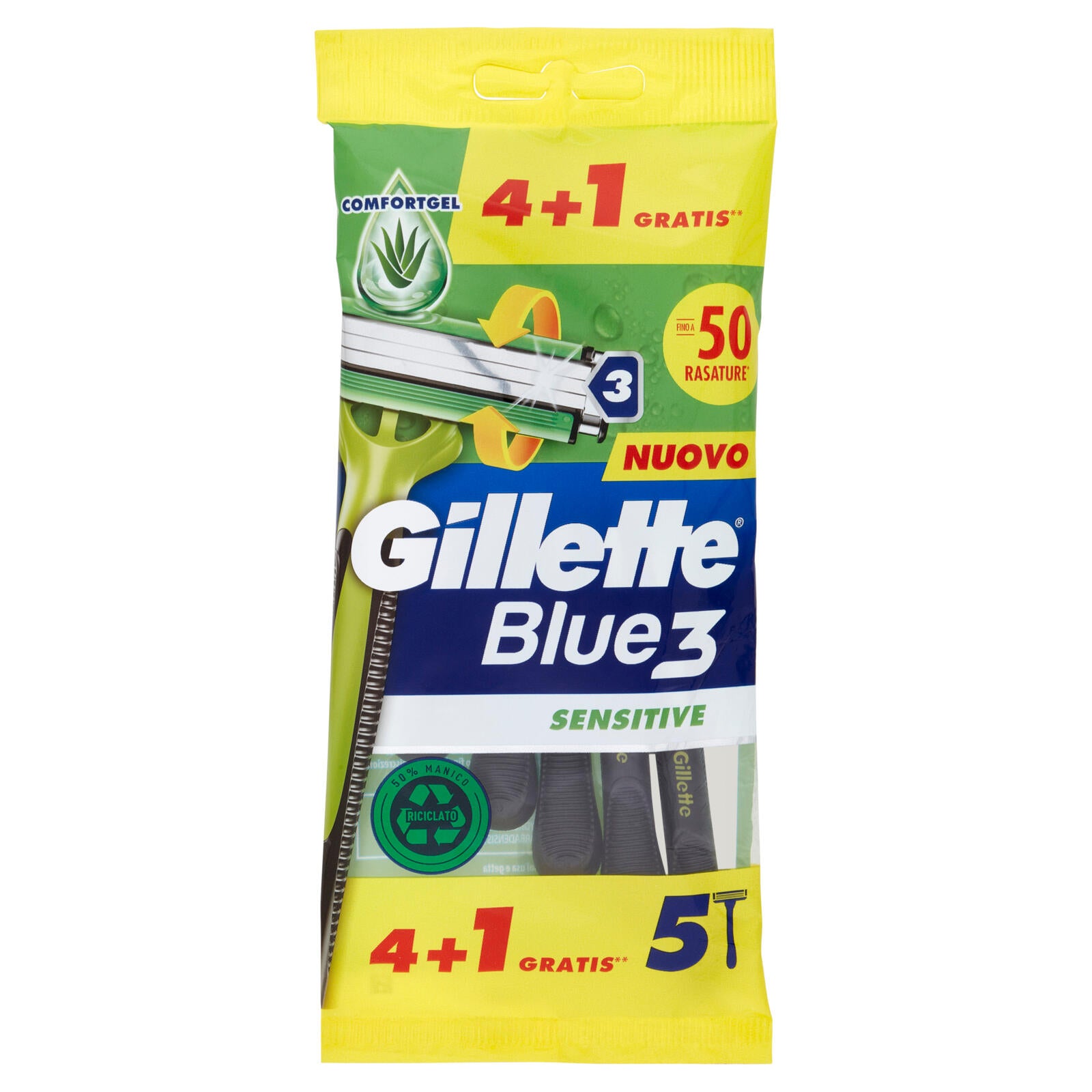 Gillette Rasoio Uomo Blue3 Sensitive Usa e Getta a 3 Lame, Confezione da 4 rasoi+1 Gratis = 5 Rasoi (25530552)
