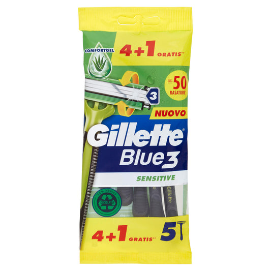 Gillette Rasoio Uomo Blue3 Sensitive Usa e Getta a 3 Lame, Confezione da 4 rasoi+1 Gratis = 5 Rasoi (25530552)