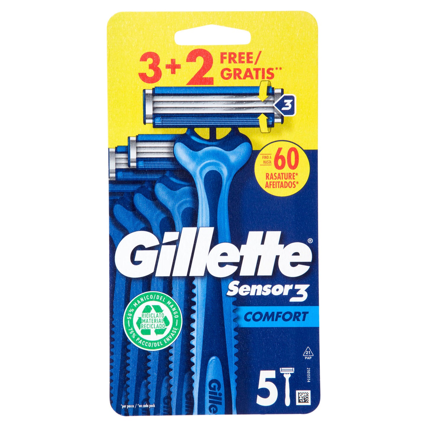 Gillette Sensor 3 Comfort Rasoio da Uomo Usa e Getta, 3 Rasoi + 2 Gratis (25530563)
