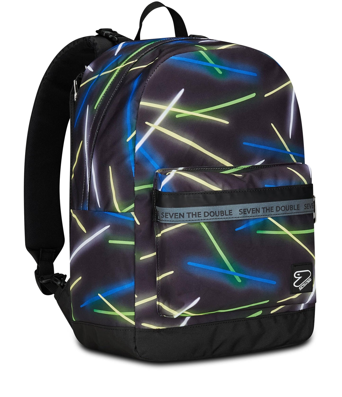 SEVEN Zaino Scuola Reversibile The Double, Nero Blu, Sideglass, 2 in 1, Zaino Mono Scomparto Con Auricolari Earphones Wireless Led, Tasca Porta Borraccia e Markers, Zaino Medie e Superiori, Ragazzo (25602196)