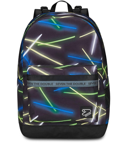 SEVEN Zaino Scuola Reversibile The Double, Nero Blu, Sideglass, 2 in 1, Zaino Mono Scomparto Con Auricolari Earphones Wireless Led, Tasca Porta Borraccia e Markers, Zaino Medie e Superiori, Ragazzo (25602192)