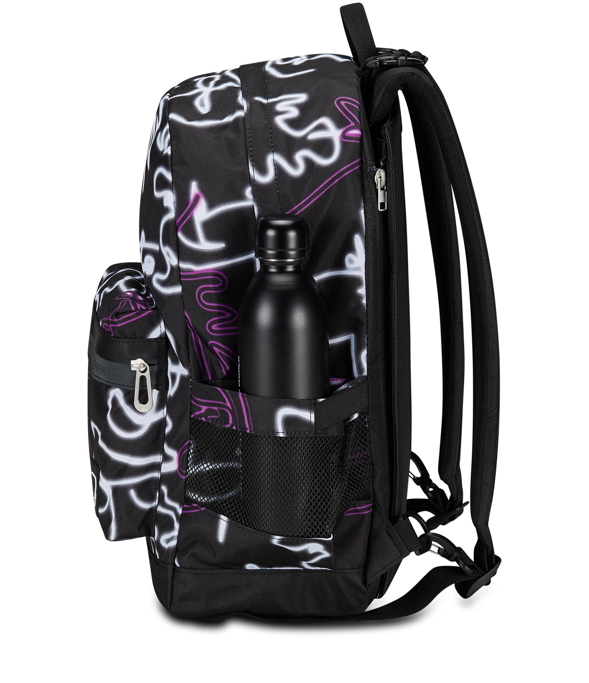 Seven Zaino Scuola Reversibile The Double, Nero Viola, Ledcontour, 2 in 1, Zaino Mono Scomparto Con Auricolari Earphones Wireless Led, Tasca Porta Borraccia e Markers, Zaino Medie e Superiori, Ragazza (25602336)