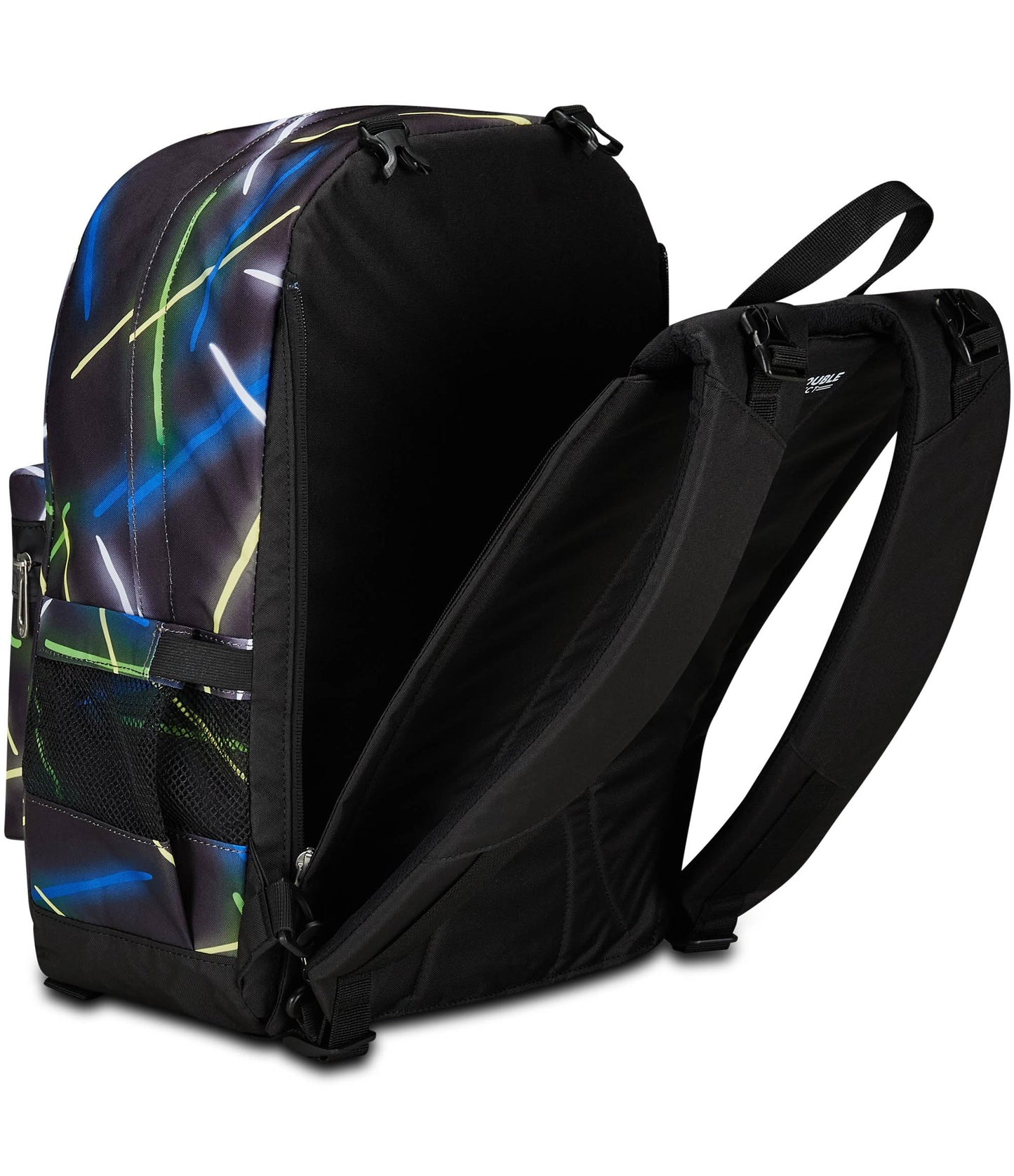 SEVEN Zaino Scuola Reversibile The Double, Nero Blu, Sideglass, 2 in 1, Zaino Mono Scomparto Con Auricolari Earphones Wireless Led, Tasca Porta Borraccia e Markers, Zaino Medie e Superiori, Ragazzo (25602202)