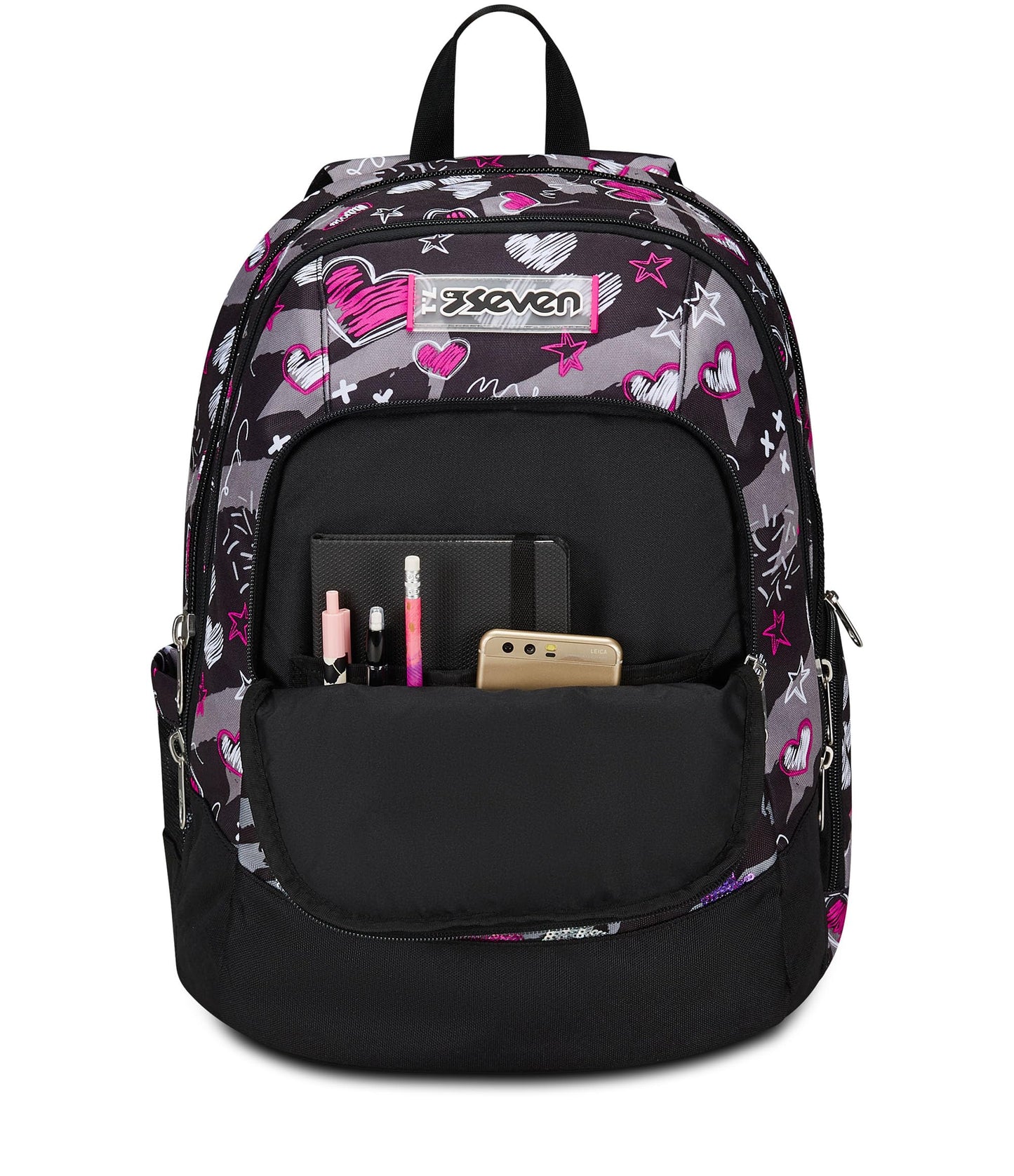 SEVEN Zaino Scuola Advanced, Nero Fucsia, Draft Heart, Zaino Doppio Scomparto Con Tasca Porta PC o Tablet, Tasca Porta Borraccia e Organizer, Zaino Scuole Medie e Superiori, Bambina Ragazza (25598828)