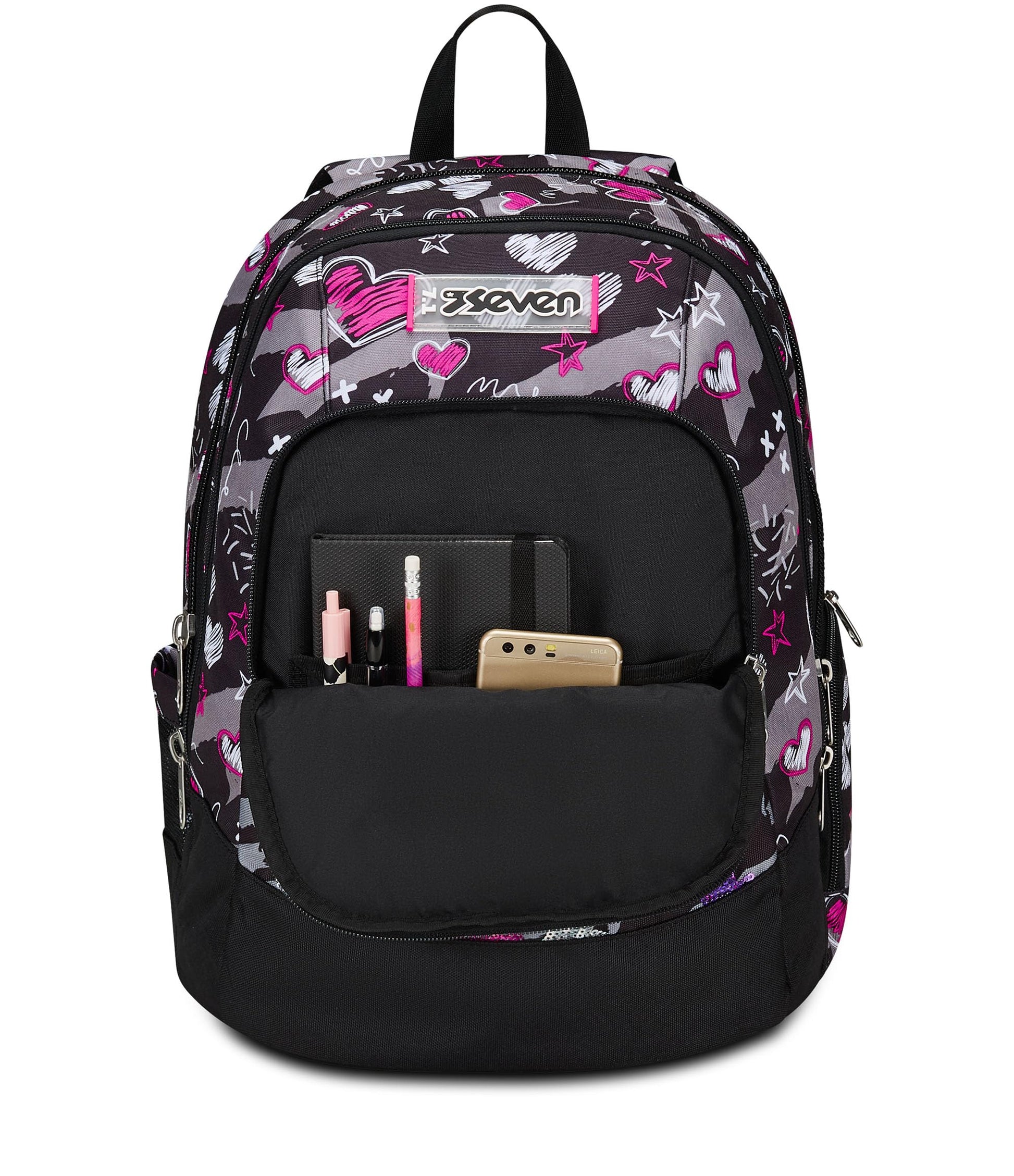 SEVEN Zaino Scuola Advanced, Nero Fucsia, Draft Heart, Zaino Doppio Scomparto Con Tasca Porta PC o Tablet, Tasca Porta Borraccia e Organizer, Zaino Scuole Medie e Superiori, Bambina Ragazza (25598828)
