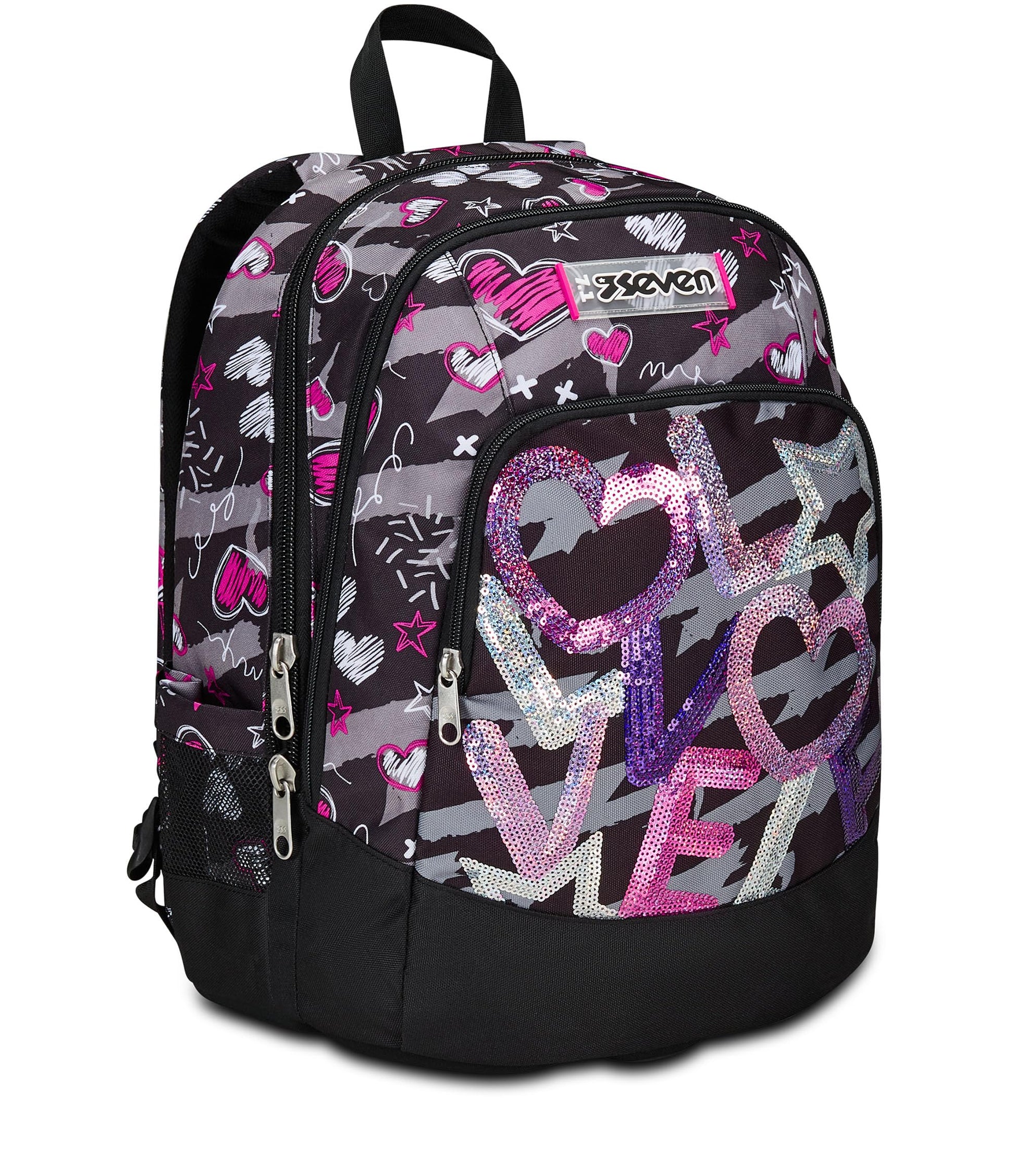 SEVEN Zaino Scuola Advanced, Nero Fucsia, Draft Heart, Zaino Doppio Scomparto Con Tasca Porta PC o Tablet, Tasca Porta Borraccia e Organizer, Zaino Scuole Medie e Superiori, Bambina Ragazza (25598823)