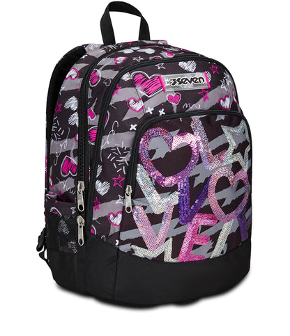 SEVEN Zaino Scuola Advanced, Nero Fucsia, Draft Heart, Zaino Doppio Scomparto Con Tasca Porta PC o Tablet, Tasca Porta Borraccia e Organizer, Zaino Scuole Medie e Superiori, Bambina Ragazza (25598823)