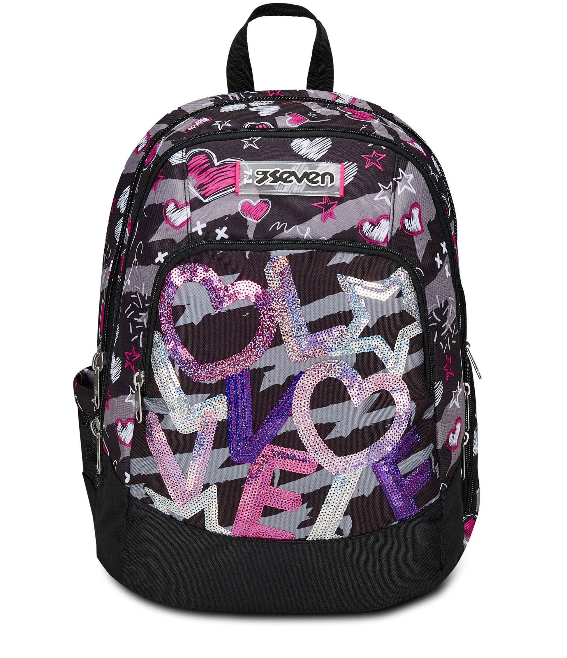 SEVEN Zaino Scuola Advanced, Nero Fucsia, Draft Heart, Zaino Doppio Scomparto Con Tasca Porta PC o Tablet, Tasca Porta Borraccia e Organizer, Zaino Scuole Medie e Superiori, Bambina Ragazza (25598822)