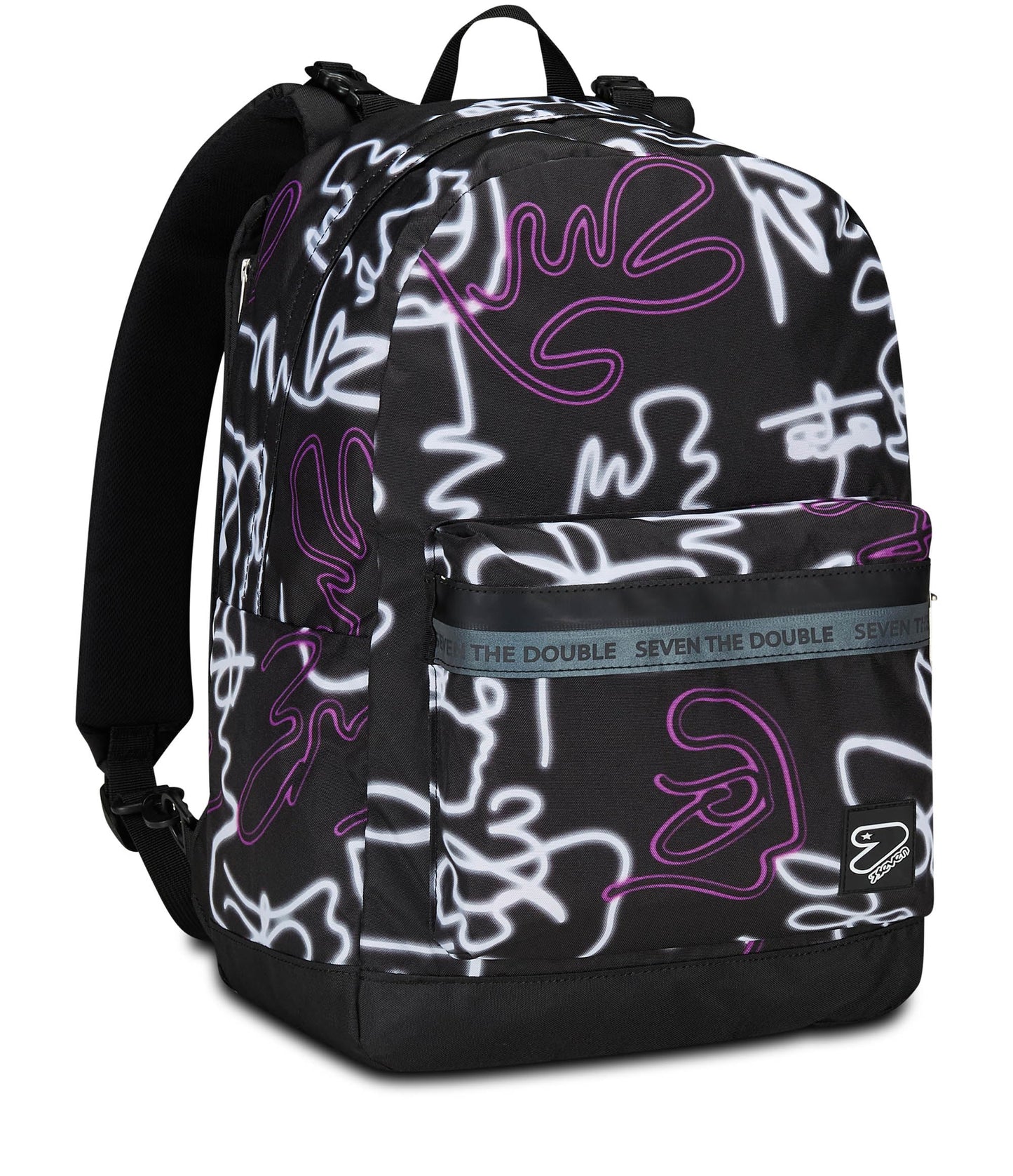 Seven Zaino Scuola Reversibile The Double, Nero Viola, Ledcontour, 2 in 1, Zaino Mono Scomparto Con Auricolari Earphones Wireless Led, Tasca Porta Borraccia e Markers, Zaino Medie e Superiori, Ragazza (25602332)