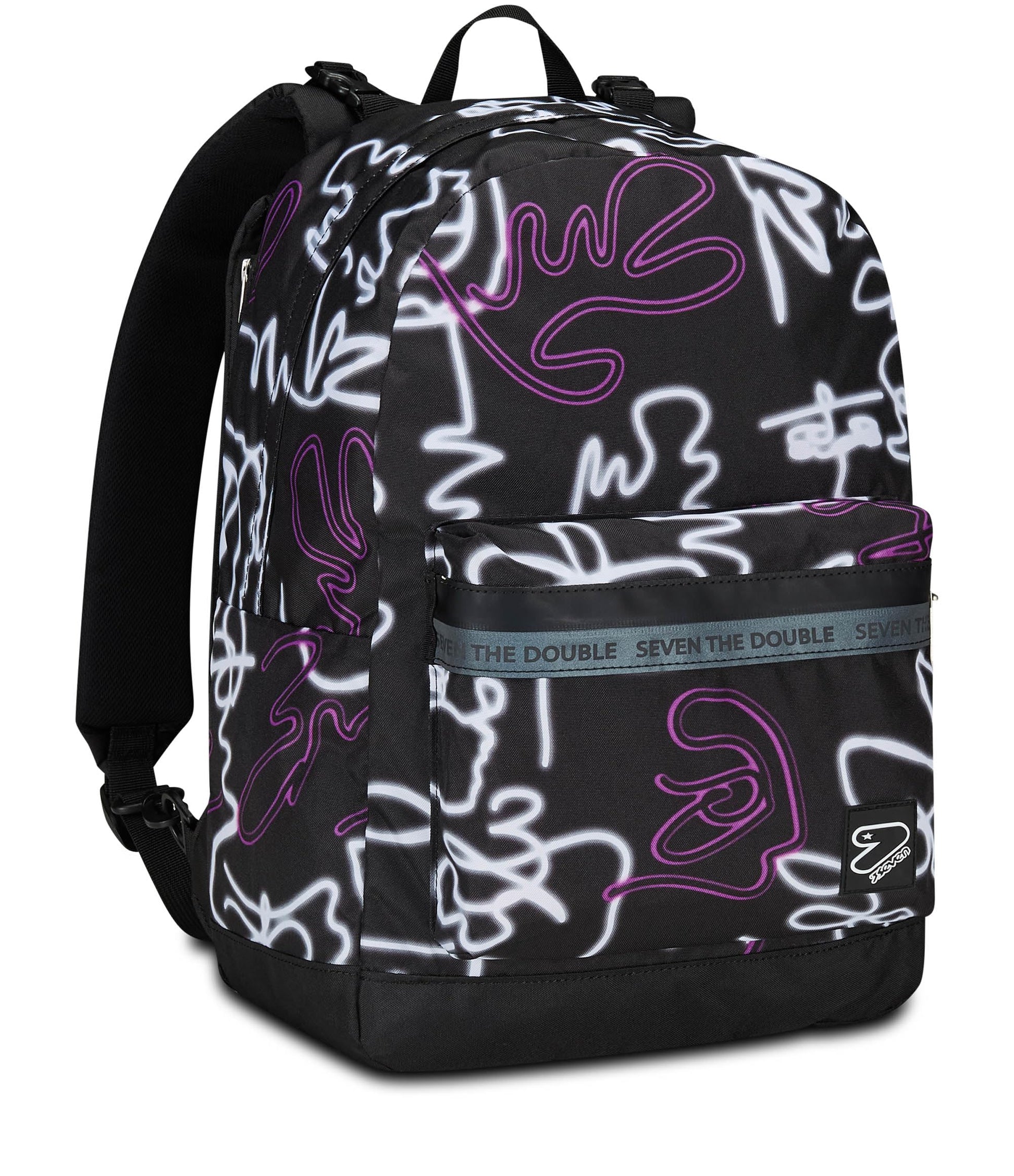 Seven Zaino Scuola Reversibile The Double, Nero Viola, Ledcontour, 2 in 1, Zaino Mono Scomparto Con Auricolari Earphones Wireless Led, Tasca Porta Borraccia e Markers, Zaino Medie e Superiori, Ragazza (25602332)