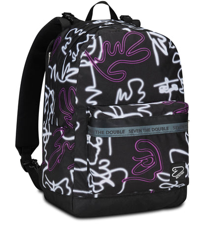 Seven Zaino Scuola Reversibile The Double, Nero Viola, Ledcontour, 2 in 1, Zaino Mono Scomparto Con Auricolari Earphones Wireless Led, Tasca Porta Borraccia e Markers, Zaino Medie e Superiori, Ragazza (25602332)